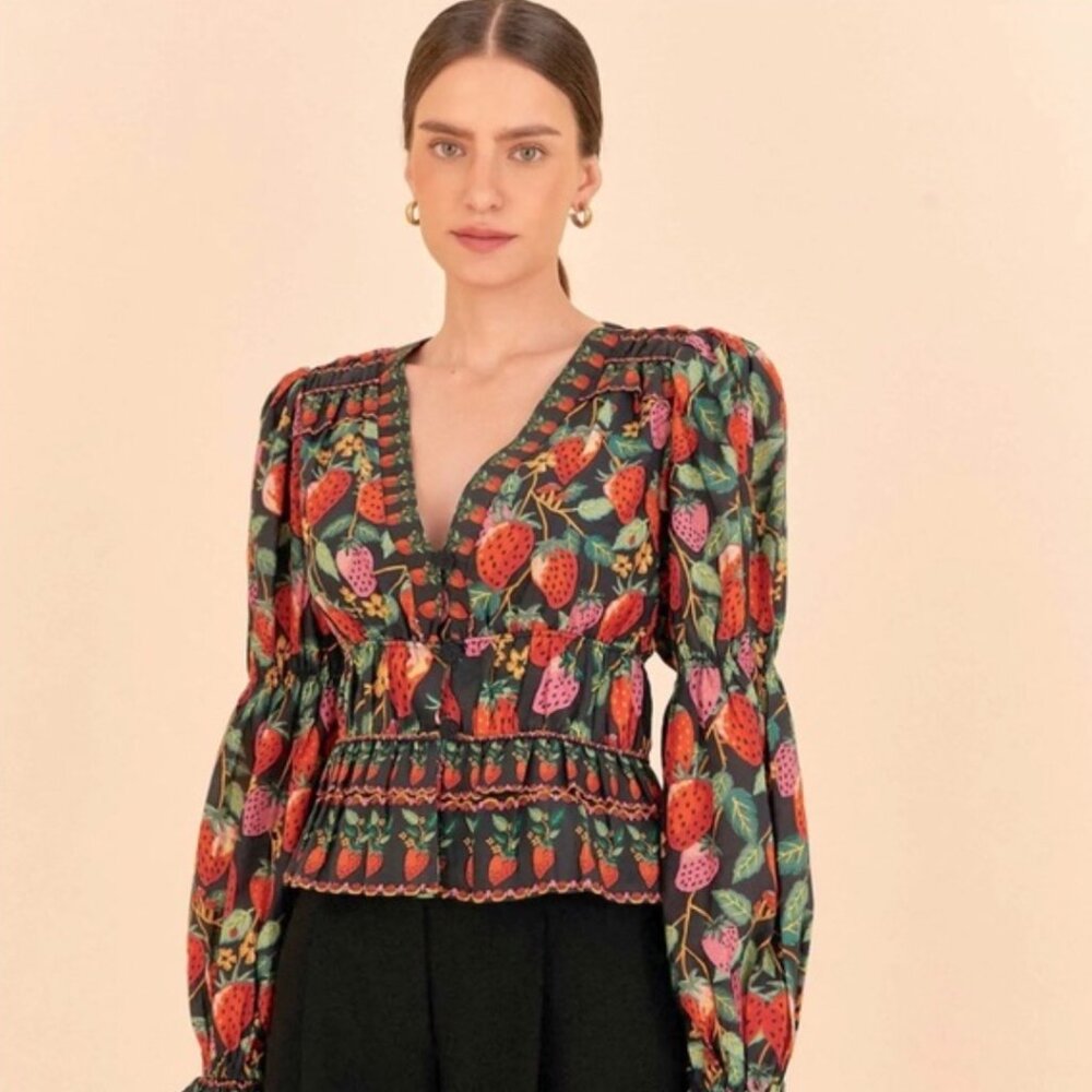 Farm Rio Lady Strawberry Peplum Cotton Blouse